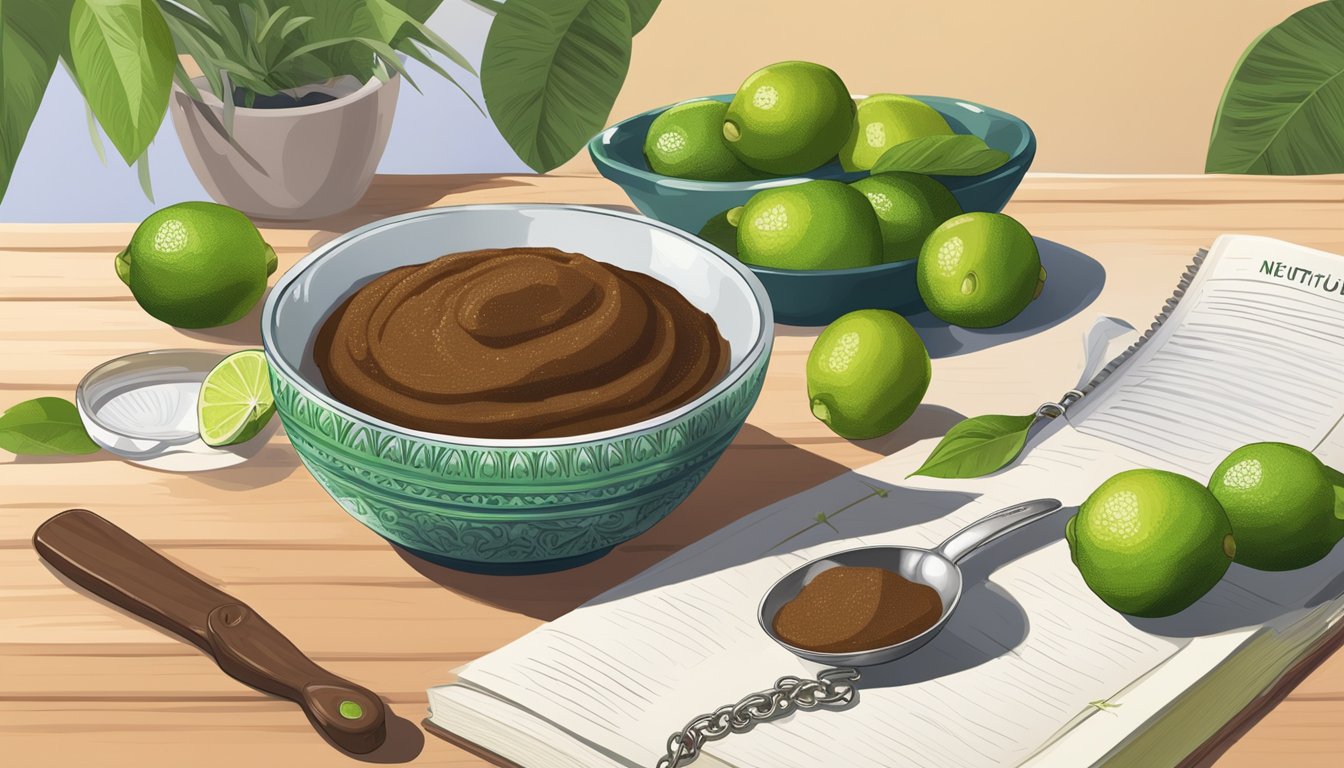 A bowl of tamarind paste next to a bowl of limes, with a measuring spoon and a recipe book open to a page on nutritional substitutions