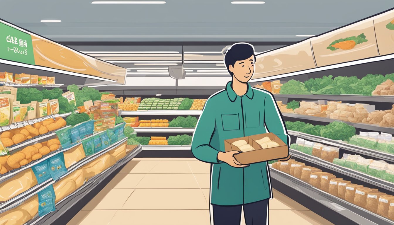 A person holds a block of tofu and a package of chicken, comparing the two while standing in a grocery store aisle