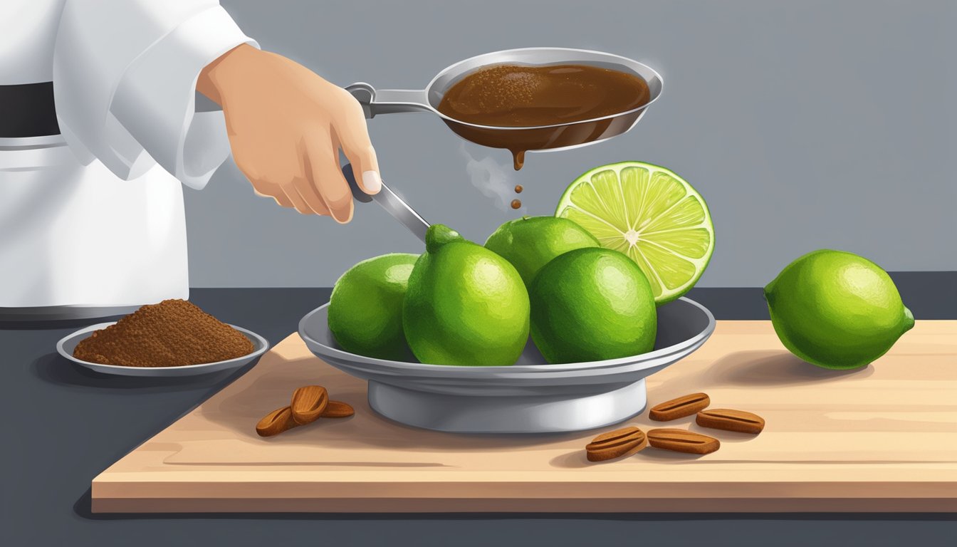 A chef pours tamarind paste into a measuring spoon while a lime sits on the cutting board next to a juicer