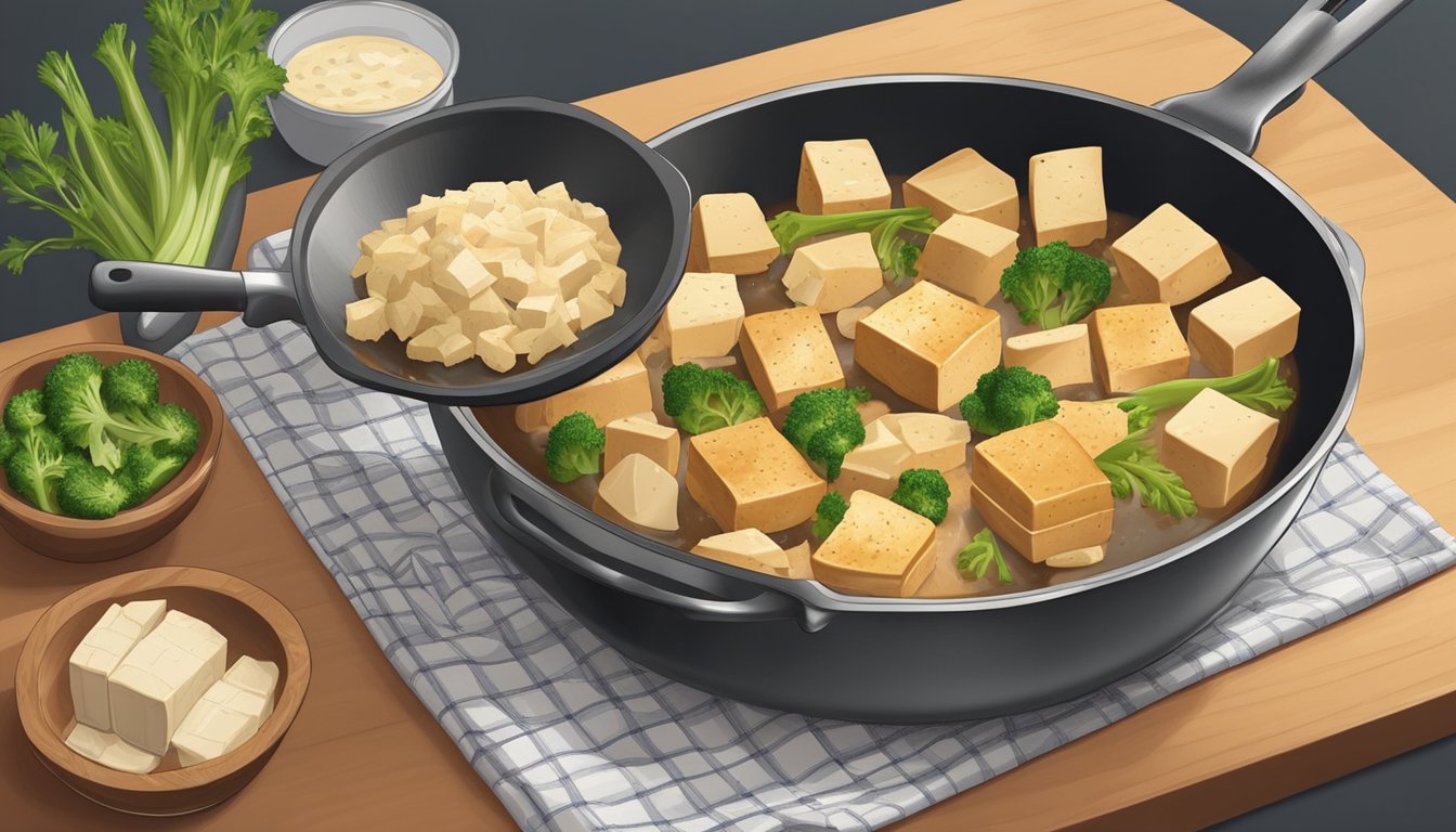 A chef sautéing tofu in a skillet, adding seasoning and vegetables. A cutting board with chopped tofu and chicken next to each other