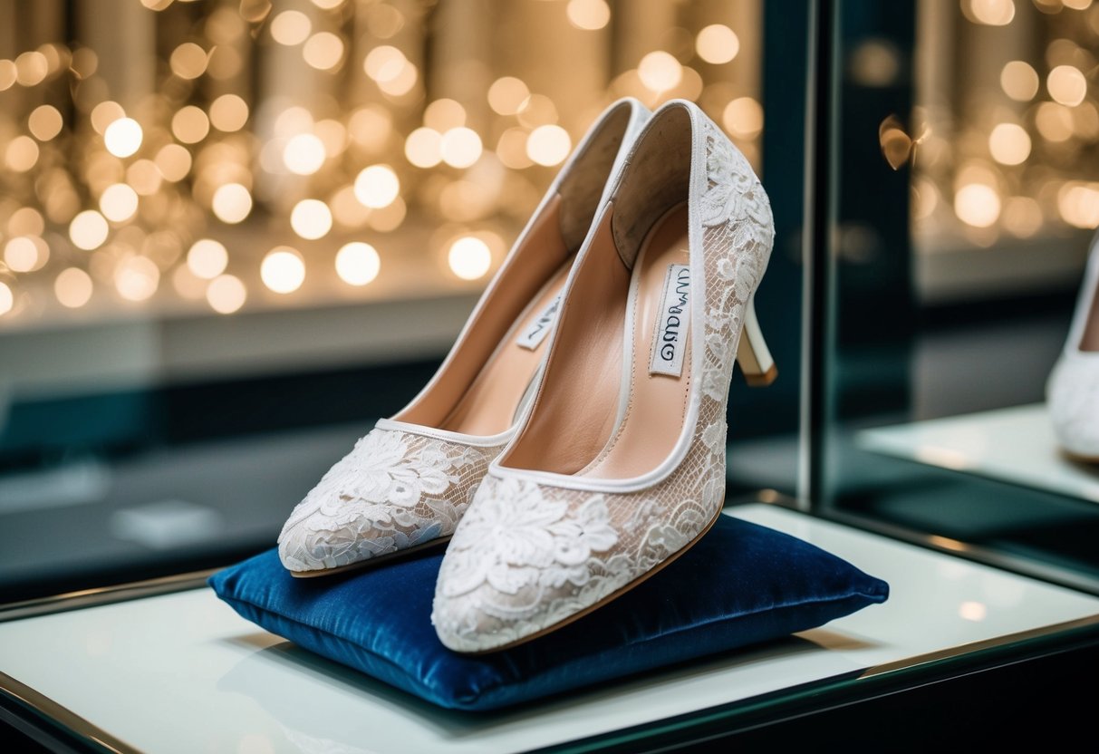 A pair of white lace wedding shoes placed on a velvet cushion in a glass display case