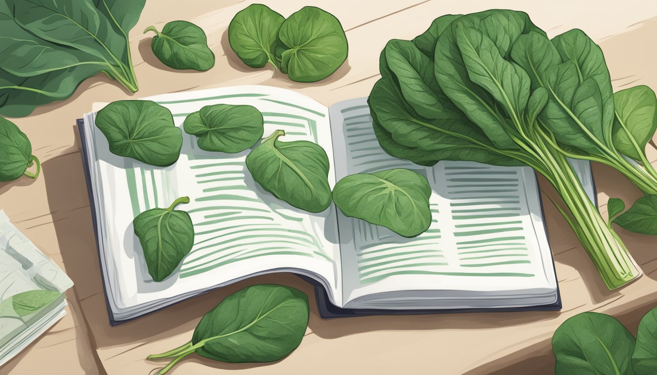 A kitchen counter with a bunch of fresh taro leaves next to a bunch of spinach, with a recipe book open to a page on substituting taro leaves for spinach