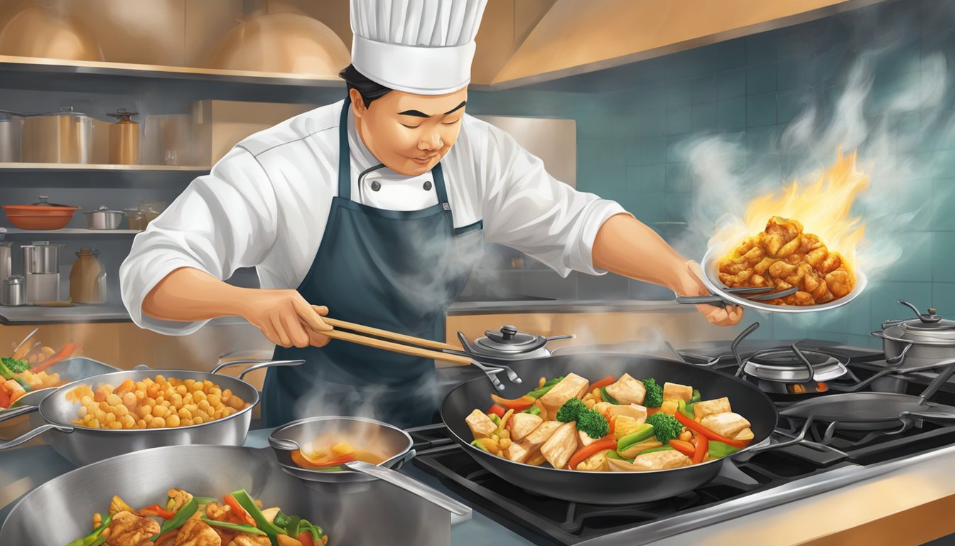 A chef swaps tofu for chicken in a stir-fry, using a spatula to toss the sizzling ingredients in a wok over a gas flame