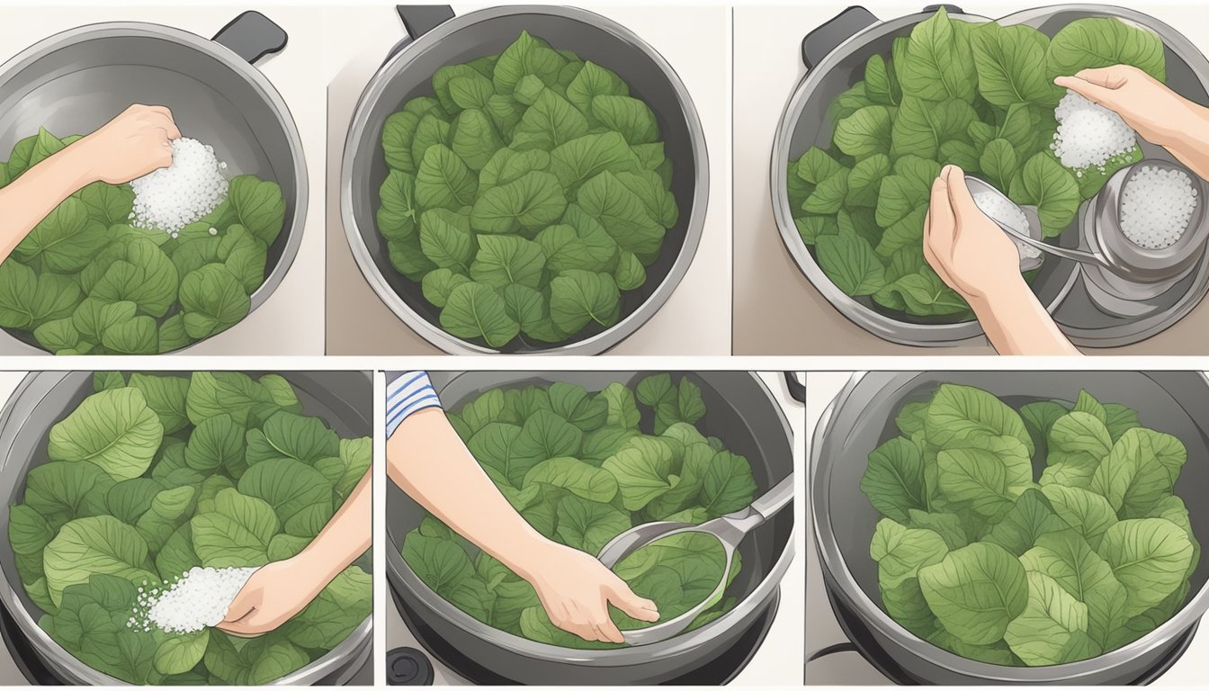 A person carefully washing and blanching taro leaves, then chopping them to substitute for spinach in a recipe