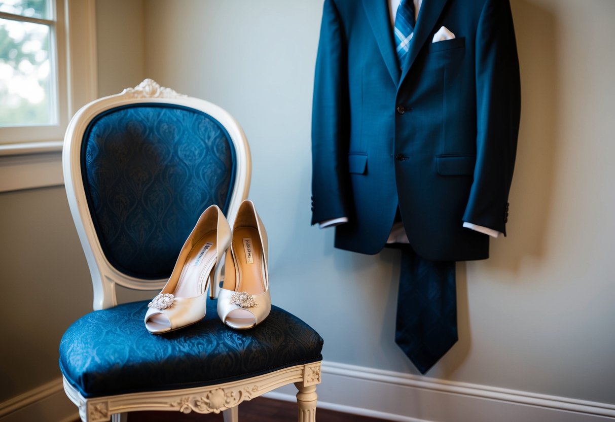 A pair of elegant wedding shoes placed on a decorative chair, with a man's suit jacket and tie hanging nearby