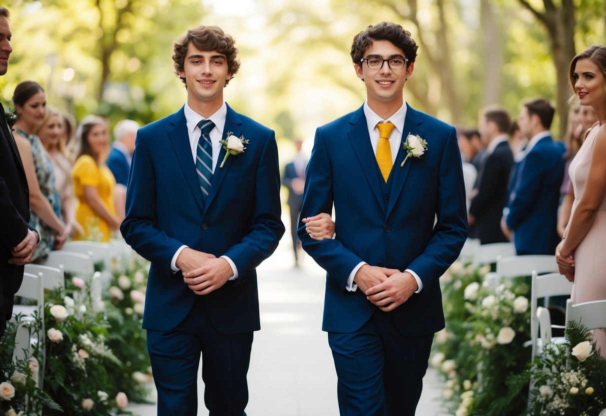 Two young figures stroll side by side, hands clasped, down a flower-lined aisle