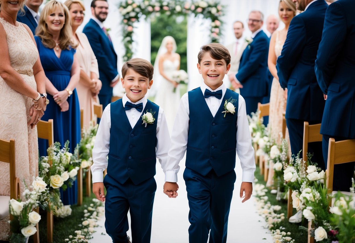 Two siblings walk side by side down the flower-lined aisle, smiling and holding hands, as the wedding guests look on with joy