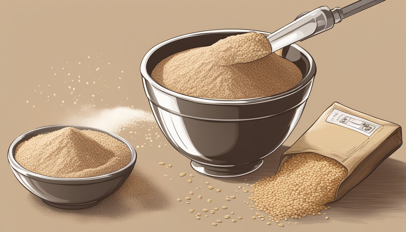 A bowl of teff flour being poured into a measuring cup, alongside a bag of whole wheat flour. A recipe book is open to a page on flour substitutions