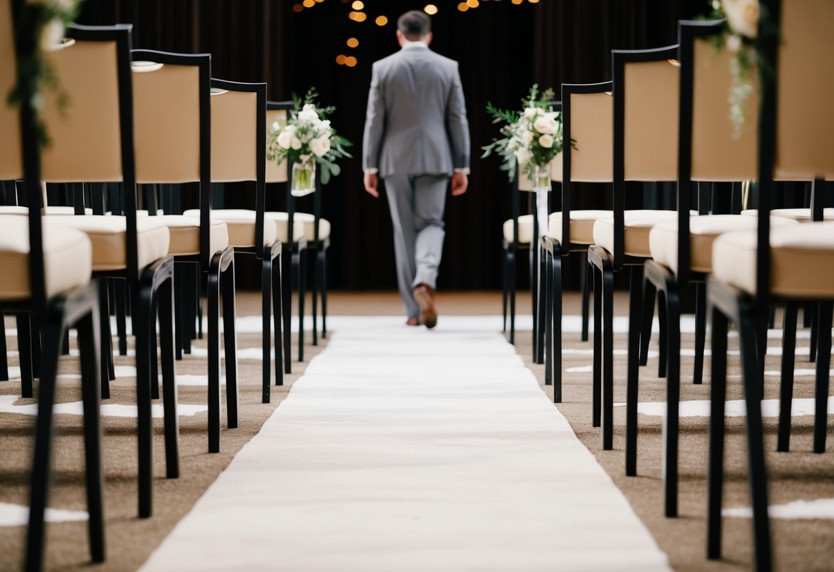 A lone figure approaches the aisle, surrounded by empty chairs and a serene atmosphere