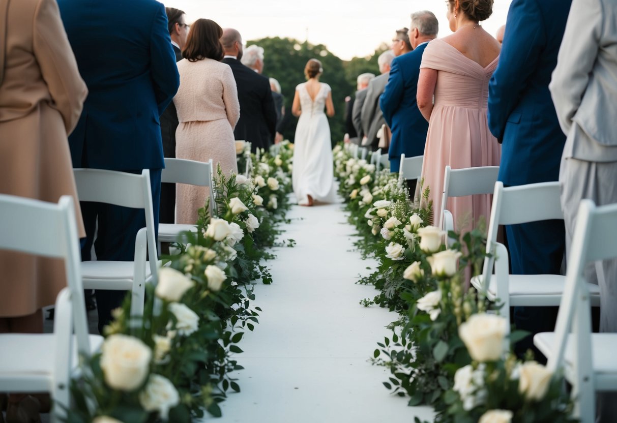 A lone figure walks down a flower-lined aisle, surrounded by the hush of onlookers