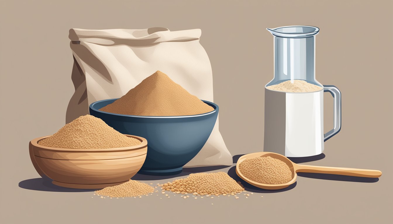 A bowl of teff flour sits next to a bag of whole wheat flour, with a measuring cup pouring teff flour into a mixing bowl