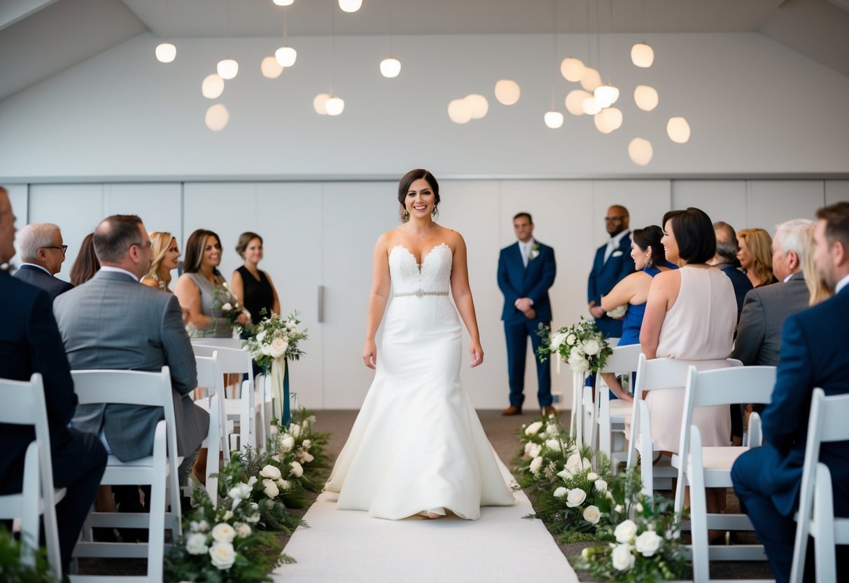 A modern bride stands confidently at the end of the aisle, ready to walk alone towards her future