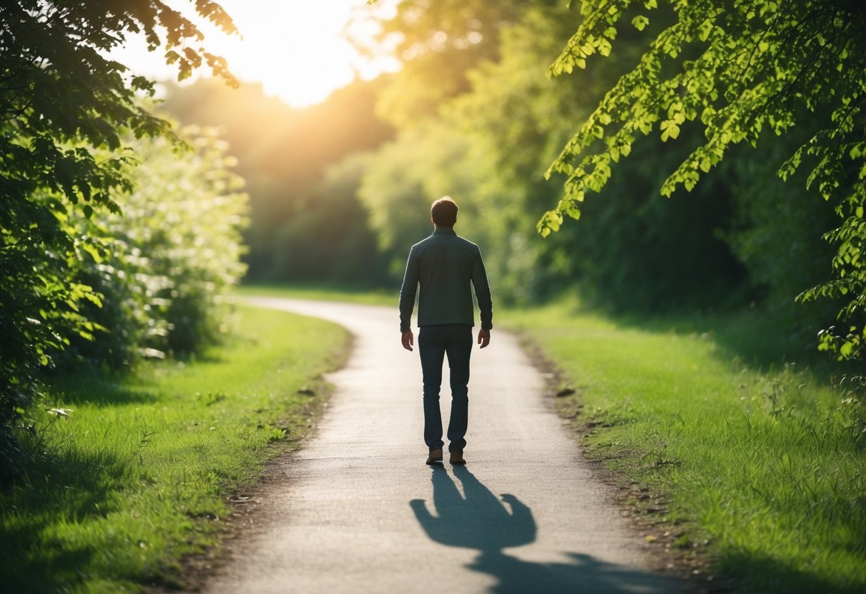 A lone figure stands at the end of a pathway, surrounded by lush greenery and dappled sunlight, contemplating the decision to walk forward alone