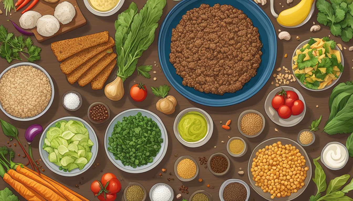 A plate with tempeh and ground beef side by side, surrounded by various ingredients like spices, vegetables, and oils