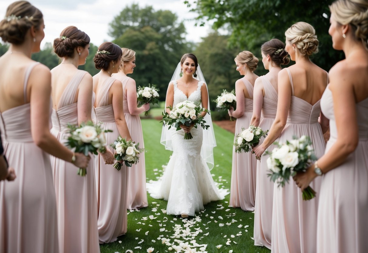 Bridesmaids walk down the aisle in pairs, scattering petals or holding bouquets, leading the way for the bride