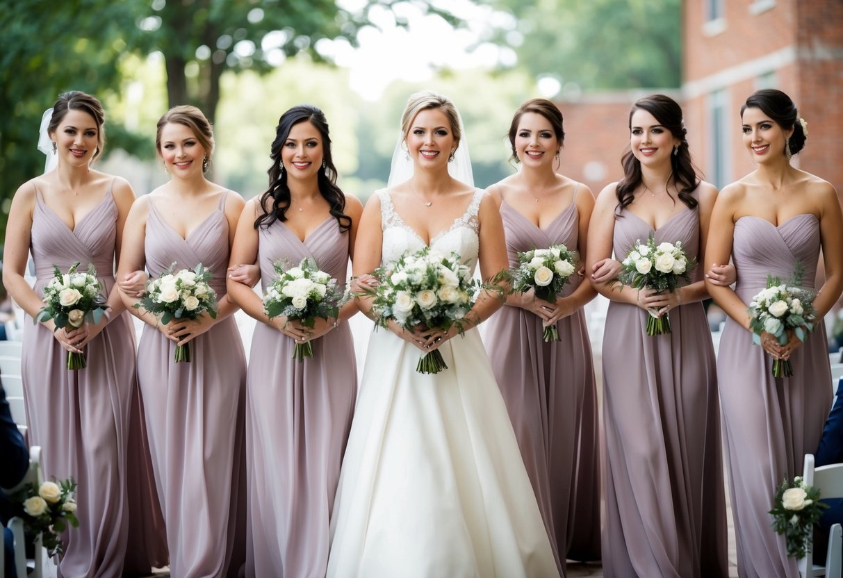 Bridesmaids walk down the aisle in pairs, followed by the maid of honor