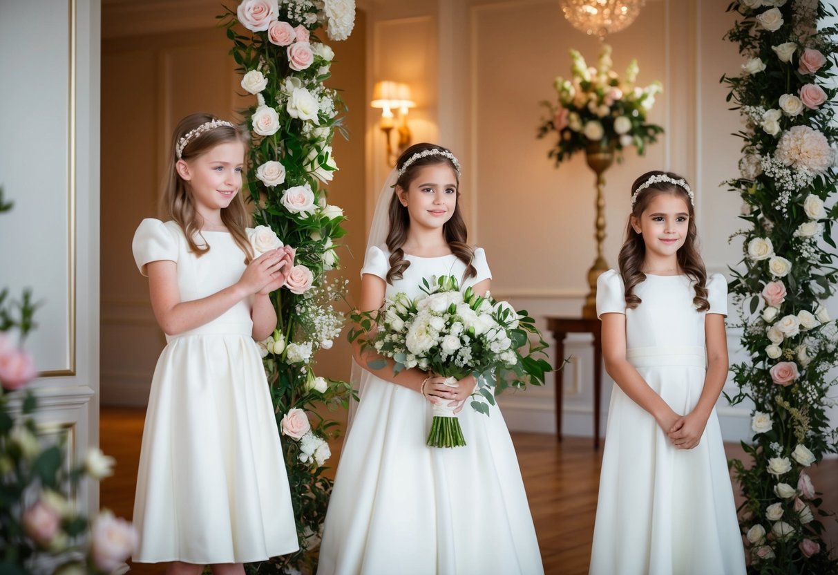 A wedding scene with girls standing on the left side, surrounded by flowers and elegant decorations