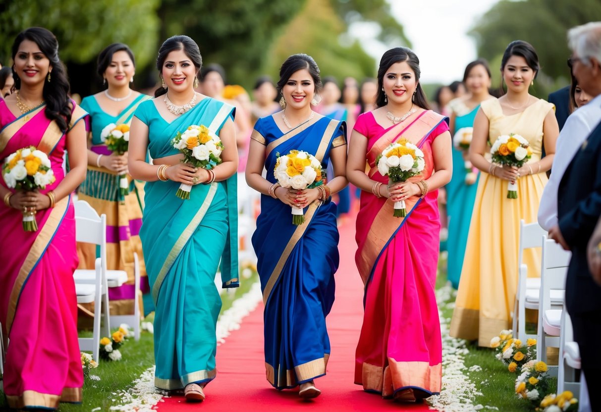 Bridesmaids in colorful attire walk down the flower-lined aisle, carrying traditional ceremonial items representing cultural variations