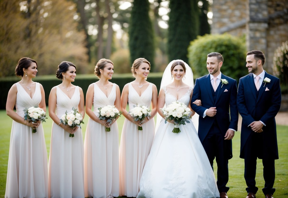 A bride and her female attendants stand to the left of the groom and his male attendants at a wedding, symbolizing tradition and hierarchy