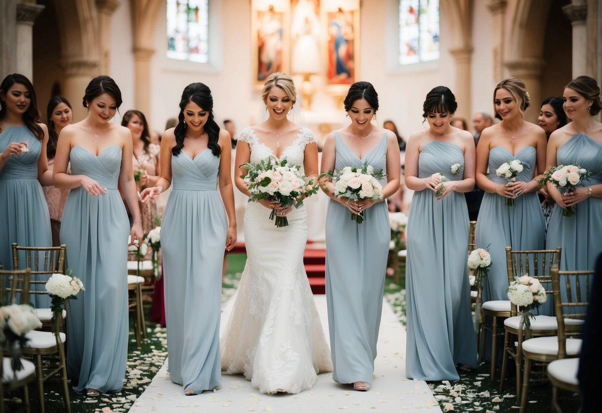 Bridesmaids in elegant dresses walk down the aisle in pairs, scattering flower petals as they proceed towards the altar