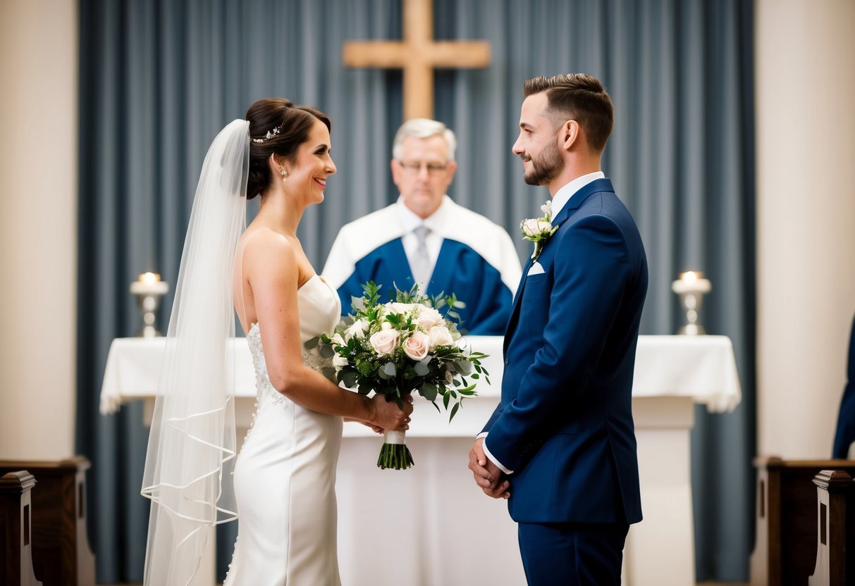 A bride and groom stand at the altar. The bride is on the left, holding a bouquet. The groom stands to her right, facing each other