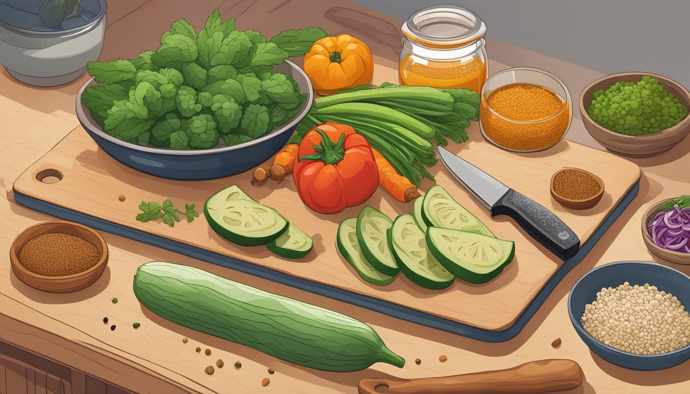 A colorful kitchen counter with a variety of fresh vegetables, spices, and a block of tempeh next to a cutting board and knife