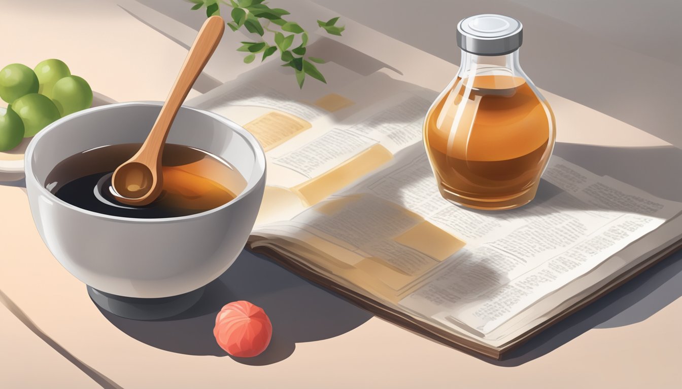 A small bowl of umeboshi vinegar being poured into a measuring spoon, with a bottle of rice vinegar and a recipe book in the background