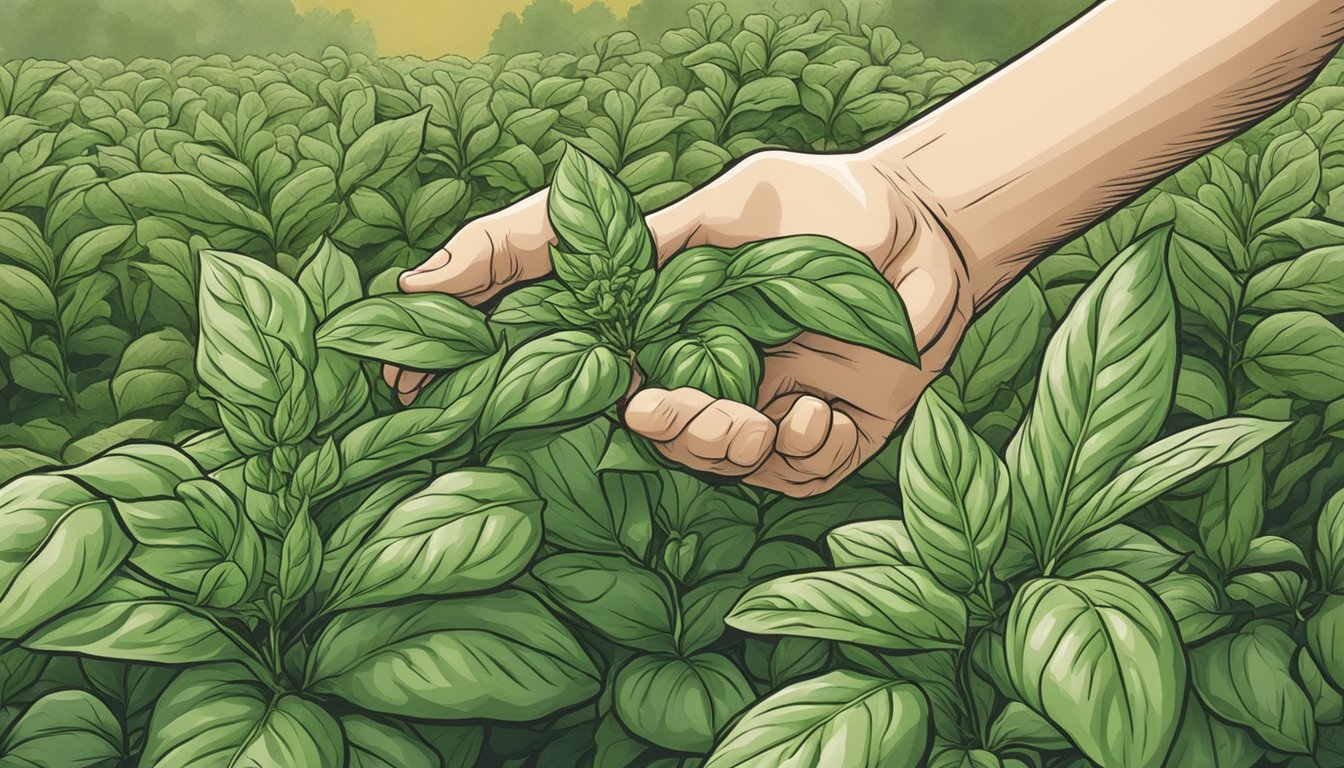 A hand picking Thai basil from a garden, with sweet basil in the background