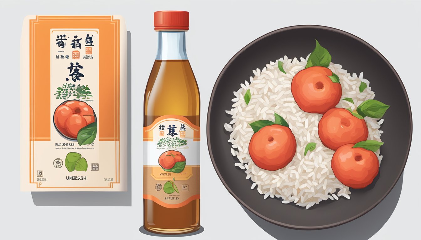 A bottle of umeboshi vinegar sits next to a bowl of rice vinegar. The label on the umeboshi vinegar highlights its unique qualities