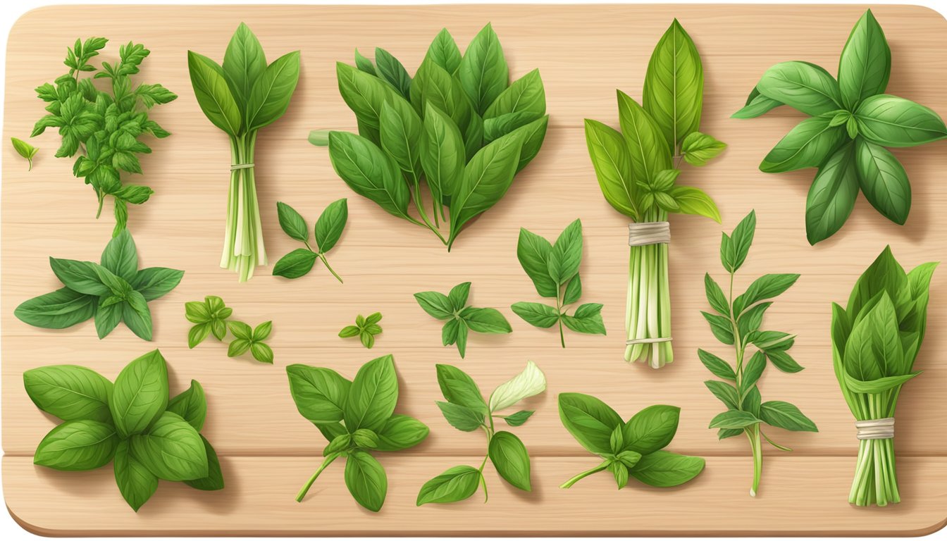 A collection of various fresh herbs, including Thai basil and sweet basil, laid out on a wooden cutting board