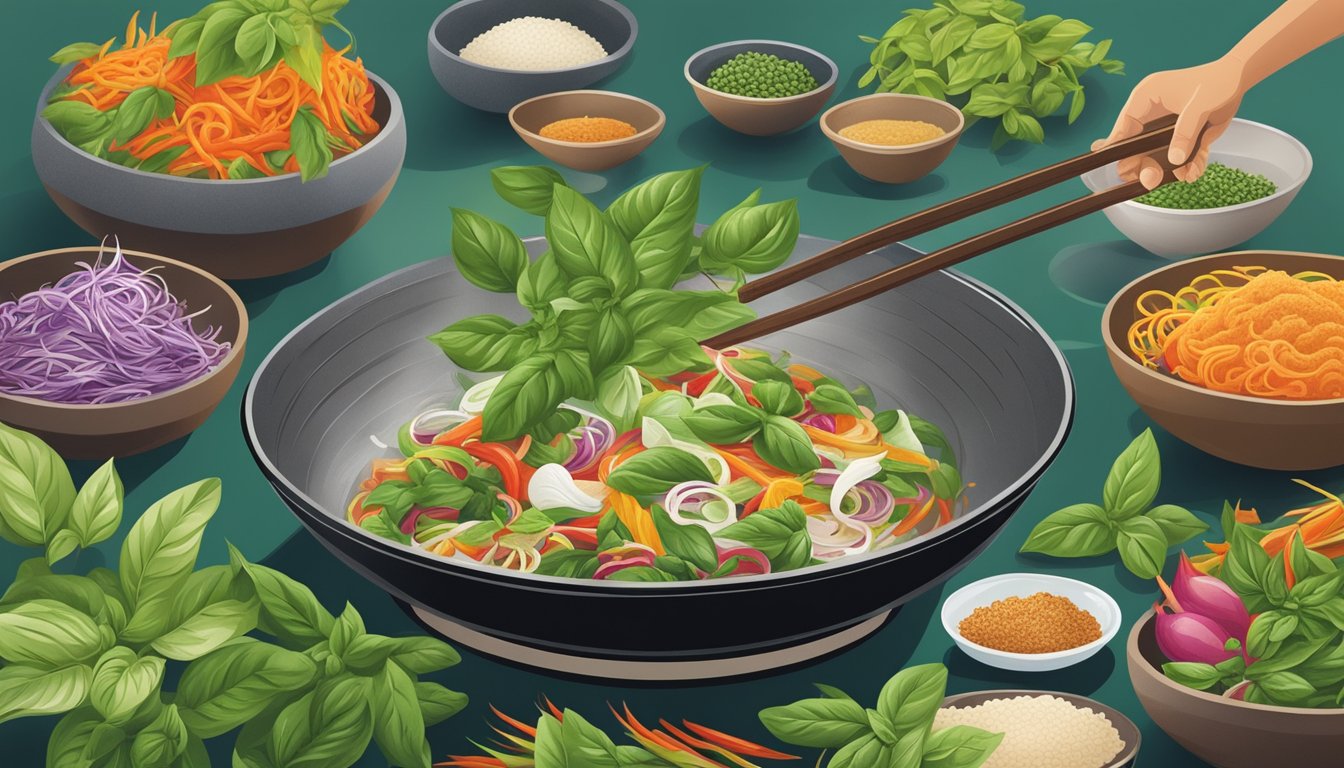 A chef swapping out sweet basil for Thai basil in a steaming wok of colorful Thai ingredients