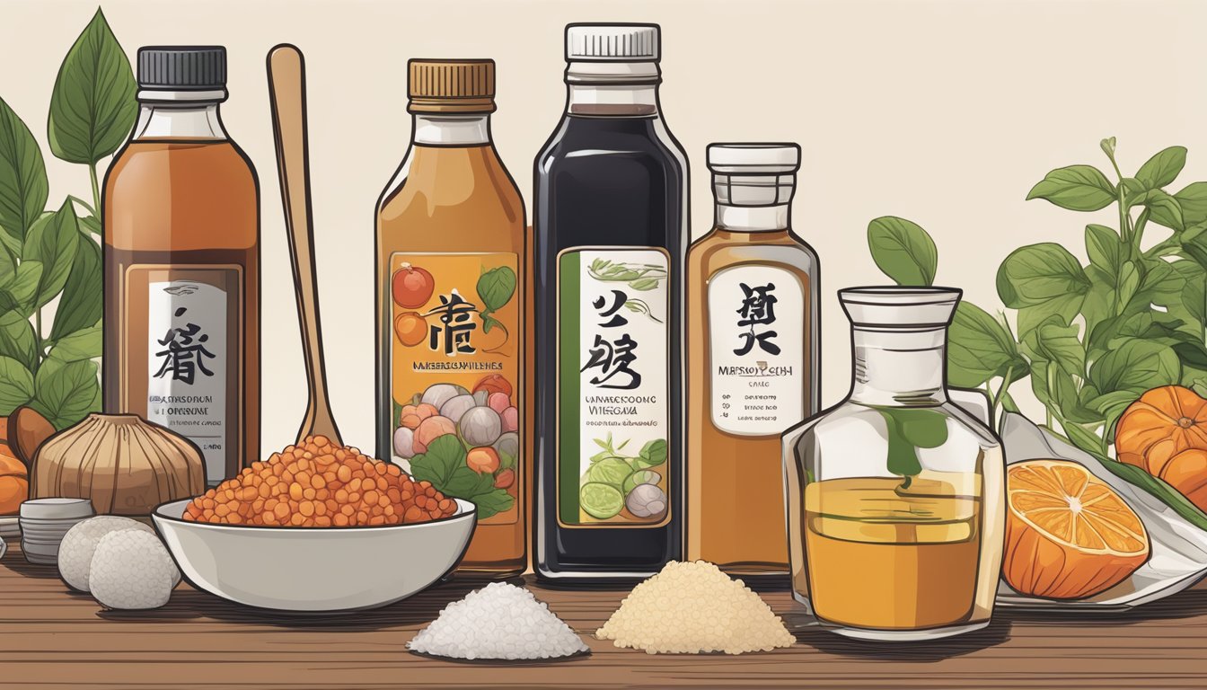 A bottle of umeboshi vinegar sits next to a selection of different vinegars, including rice vinegar. A measuring spoon is poised to pour a substitute