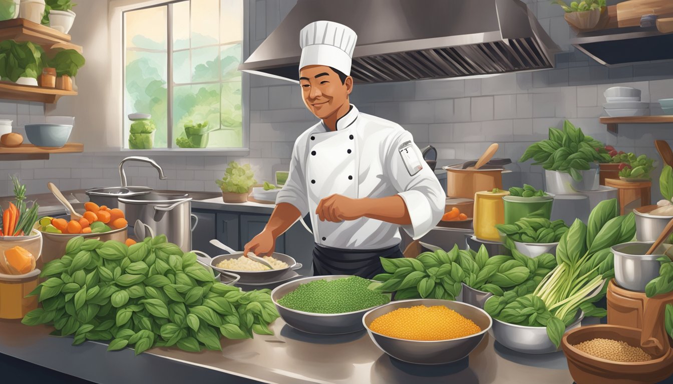 A chef swaps sweet basil for Thai basil in a bustling kitchen, surrounded by colorful ingredients and cooking utensils