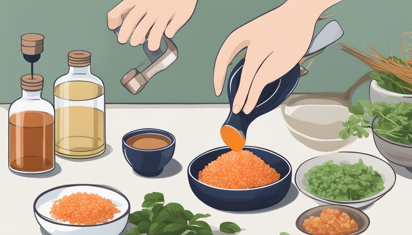 A hand pouring umeboshi vinegar into a measuring spoon, next to a bottle of rice vinegar and a bowl of ingredients