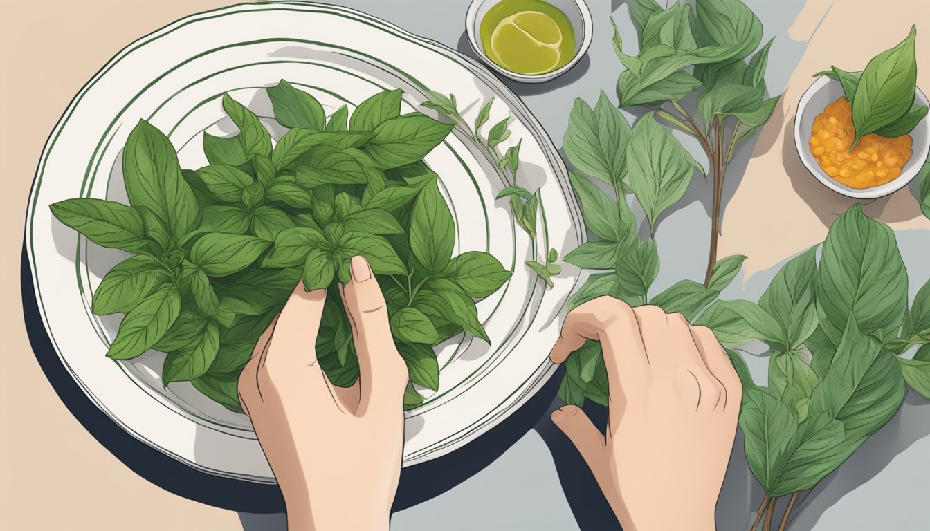 A hand reaching for Thai basil next to a dish of food