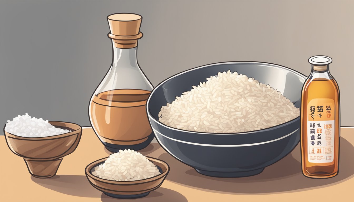 A small bottle of umeboshi vinegar next to a bowl of rice, with various alternative vinegar options in the background