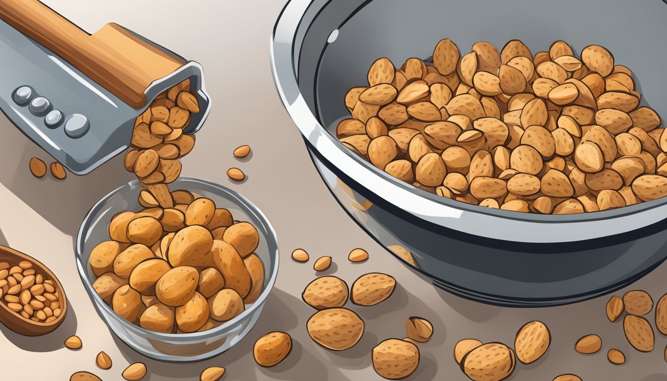 A bowl of tiger nuts next to a bowl of almonds, with a measuring cup pouring tiger nuts into a food processor