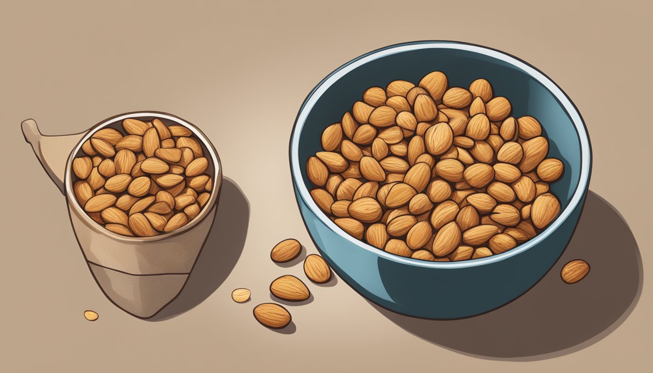 A bowl of tiger nuts and almonds side by side, with a measuring cup pouring tiger nuts into a recipe in place of almonds