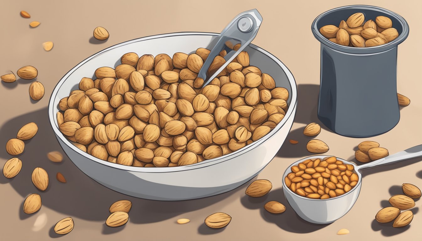 A bowl of tiger nuts next to a bowl of almonds, with a measuring cup pouring tiger nuts into a blender