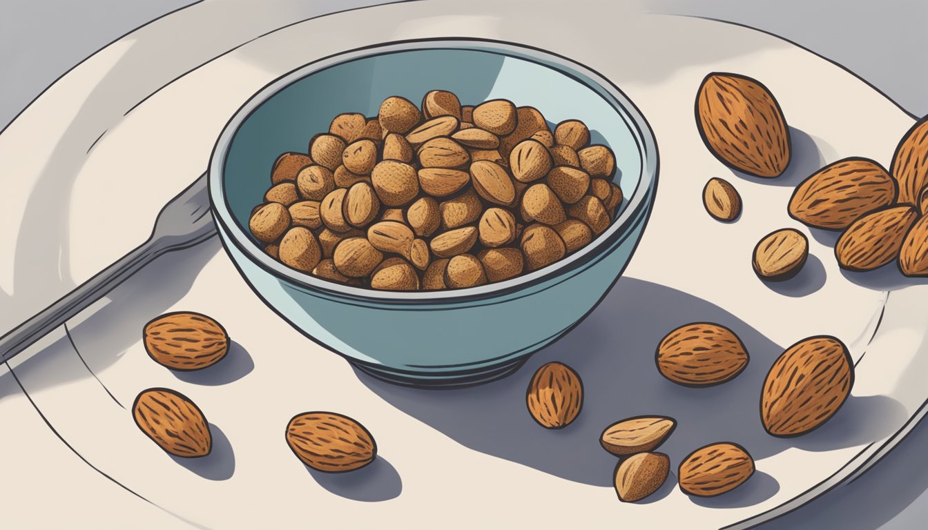 A bowl of tiger nuts sits next to a plate of almonds. A hand reaches for the tiger nuts, suggesting a substitution