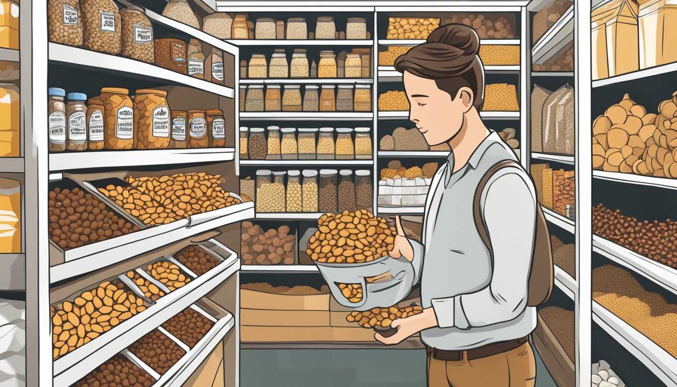 A person at a grocery store comparing tiger nuts and almonds, then storing the tiger nuts in a pantry at home