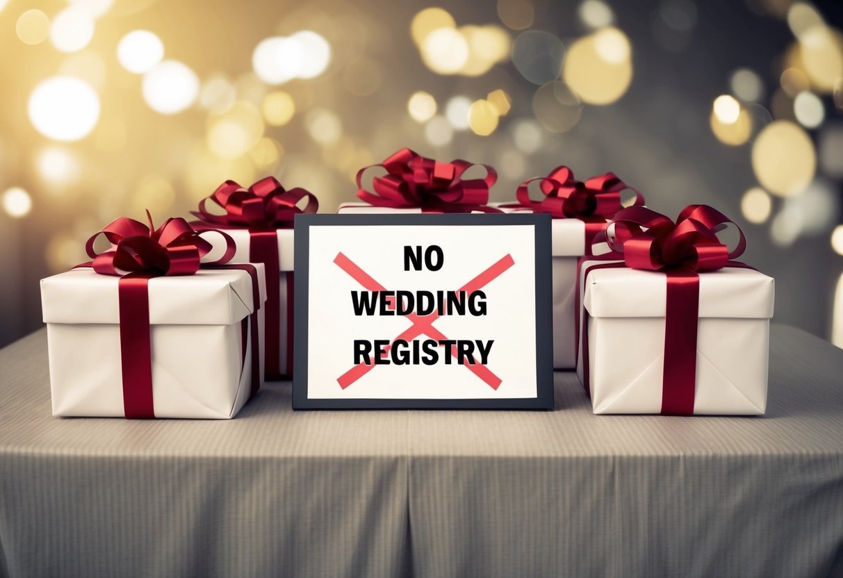 A table covered in gift-wrapped presents, with a sign reading "No Wedding Registry" crossed out