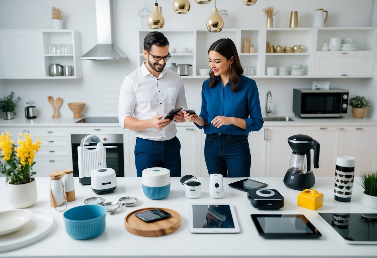 A table set with various kitchenware, home decor, and electronics. A couple browses through items, discussing and scanning products with a handheld scanner