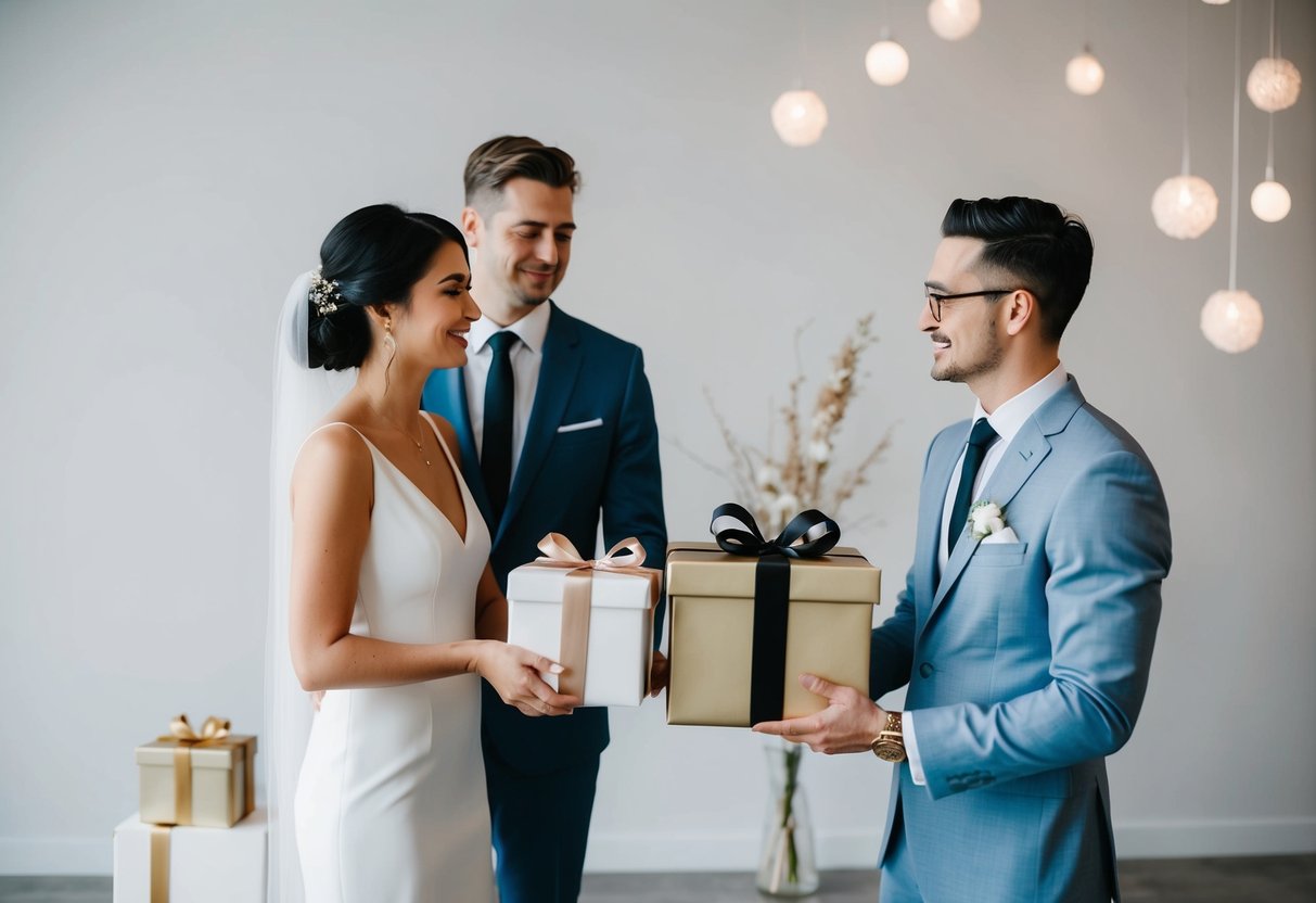 A couple politely declining gifts, surrounded by minimalist wedding decor