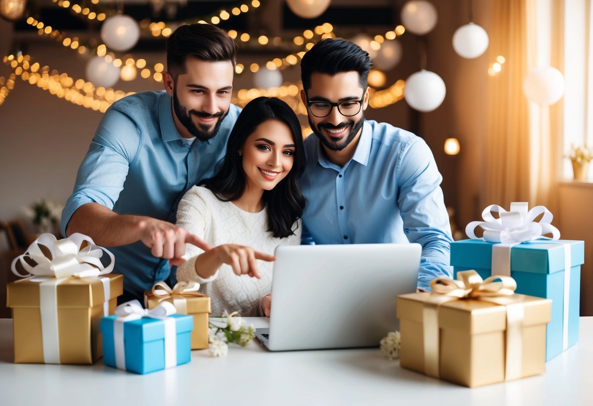 A couple browsing online, pointing at items, surrounded by gift boxes and wedding decor