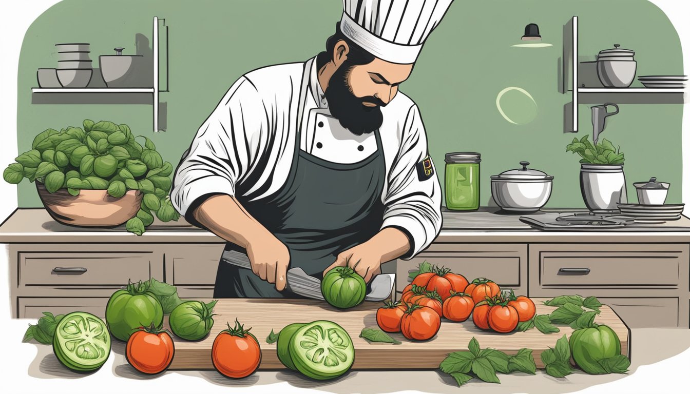 A chef chopping unripe tomatoes to use as a substitute for tomatillos in a salsa recipe