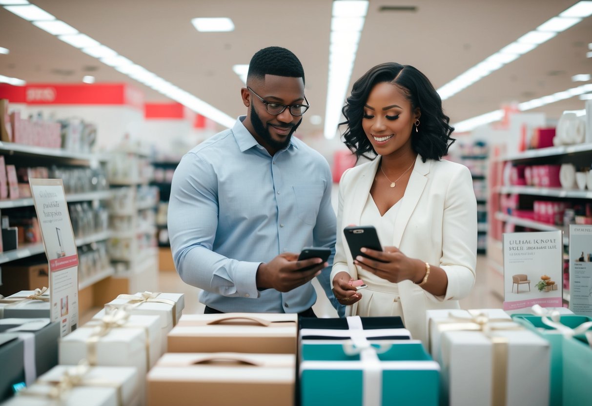 A couple browsing and scanning items in a department store for their wedding registry