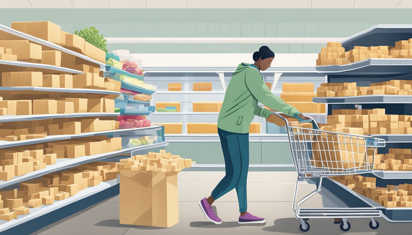 A person placing blocks of tofu in a shopping cart, then organizing them in a refrigerator