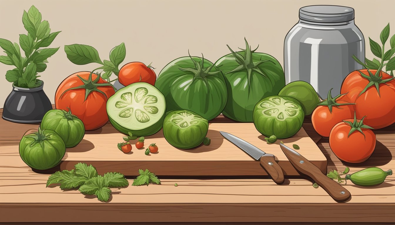 Unripe tomatoes and tomatillos displayed on a wooden cutting board, surrounded by various herbs and spices. A chef's knife sits nearby, ready for use