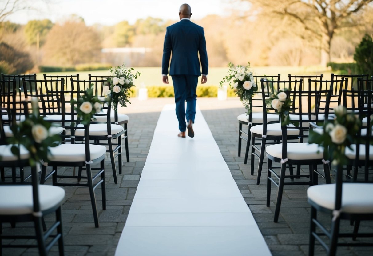 A lone figure walks down the aisle, surrounded by empty chairs and floral arrangements